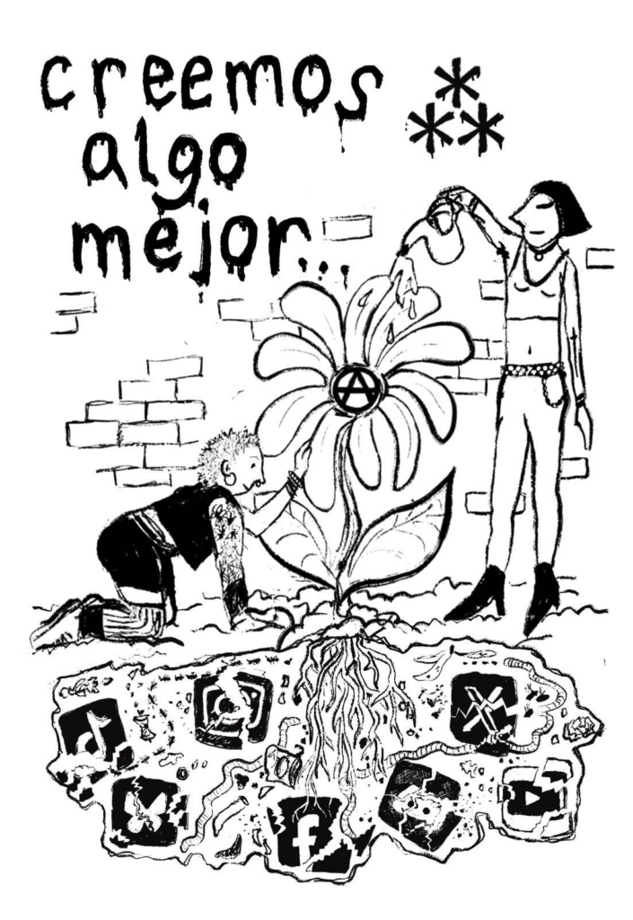 Ilustración en blanco y negro de dos personas regando y cuidando una flor de la anarquía que nace del compost de las redes sociales capitalistas